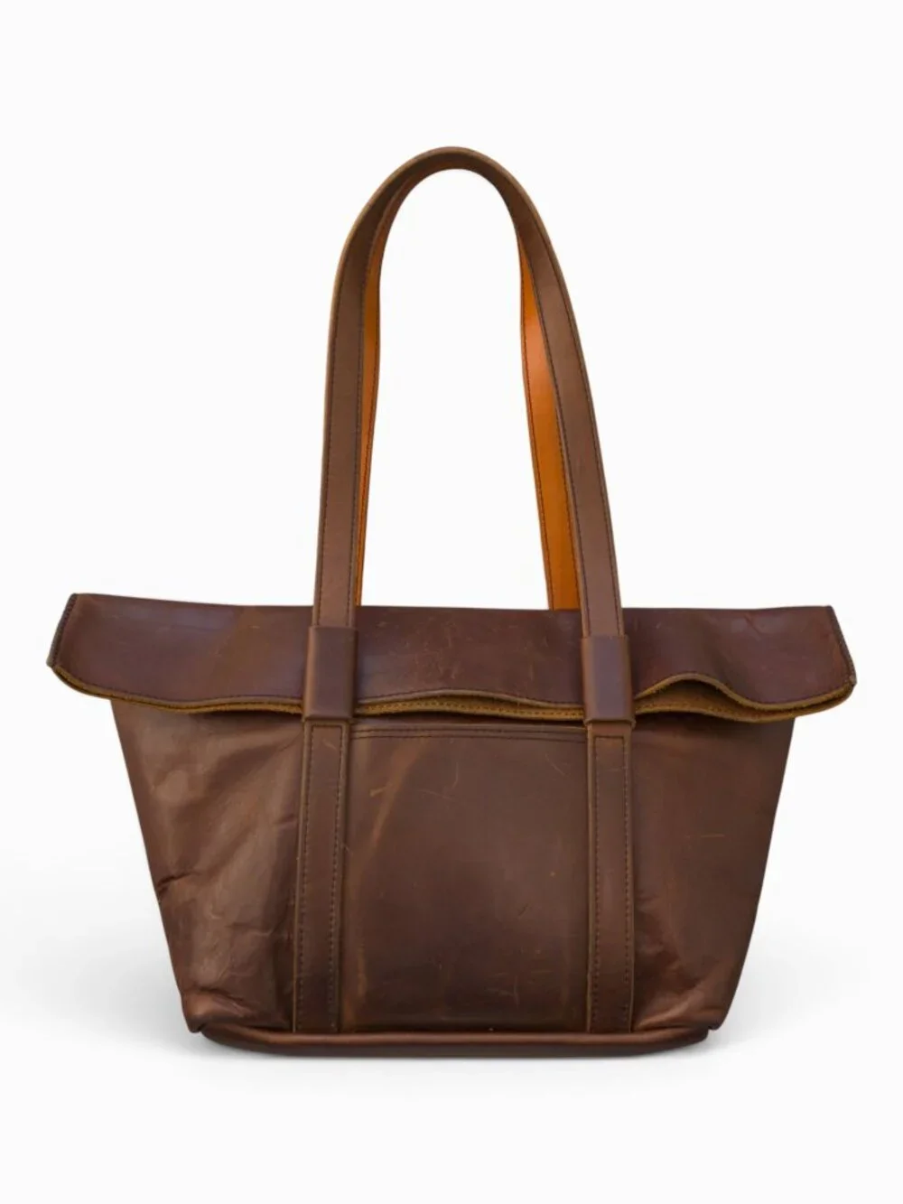 Reelo Leather Co Fold-Over Tote, Brown Leather, USA-Made, 12
